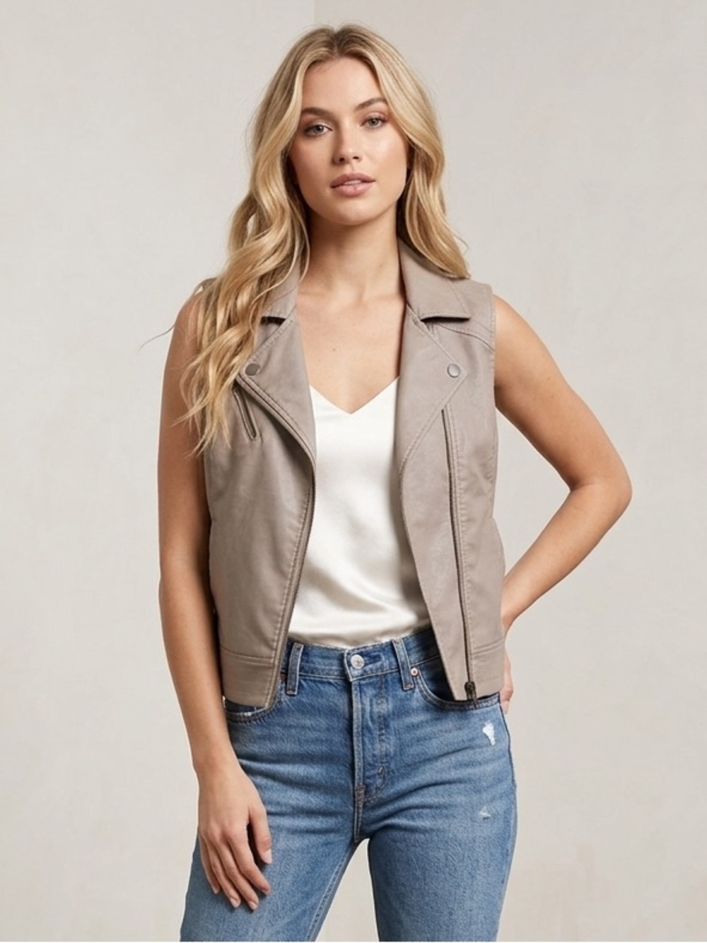Sanctuary Mel Moto Vest Faux Leather Metallic Asymmetric Zip Beige Driftwood XS